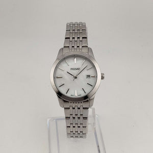 I Like Mikes Mid Century Modern Watches Pulsar Men's Silver Tone Watch, Round Mother of Pearl Dial, Date Window, Bracelet Strap