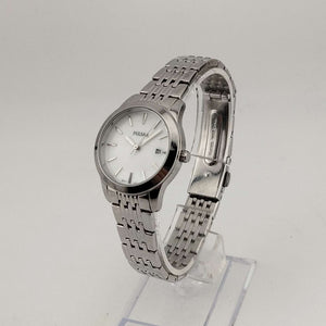 I Like Mikes Mid Century Modern Watches Pulsar Men's Silver Tone Watch, Round Mother of Pearl Dial, Date Window, Bracelet Strap