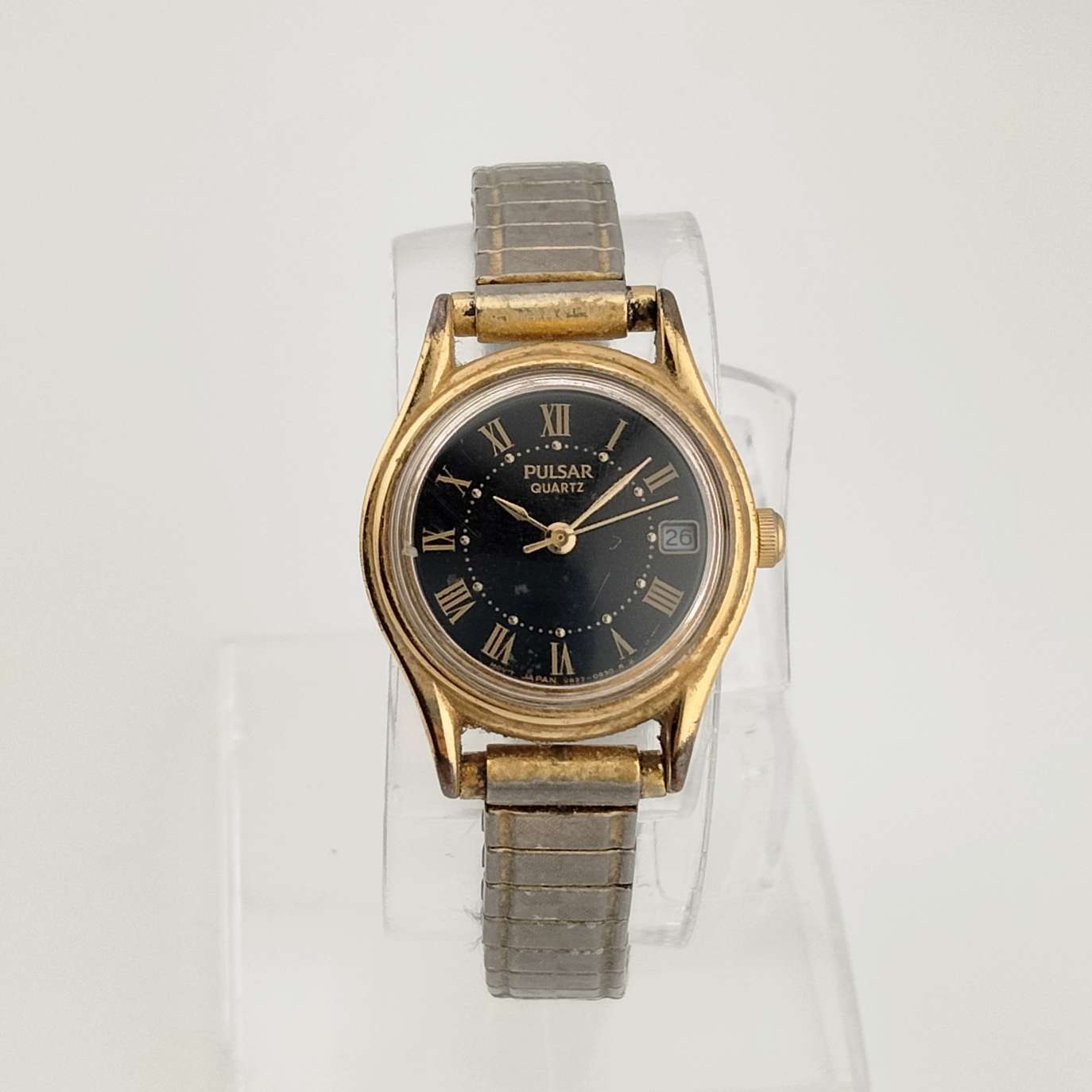 I Like Mikes Mid Century Modern Watches Pulsar Quartz Unisex Gold Tone Watch, Date, Black Dial, Flex Strap