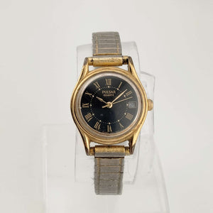 I Like Mikes Mid Century Modern Watches Pulsar Quartz Unisex Gold Tone Watch, Date, Black Dial, Flex Strap