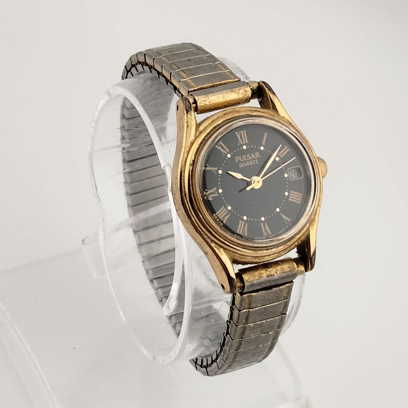 I Like Mikes Mid Century Modern Watches Pulsar Quartz Unisex Gold Tone Watch, Date, Black Dial, Flex Strap