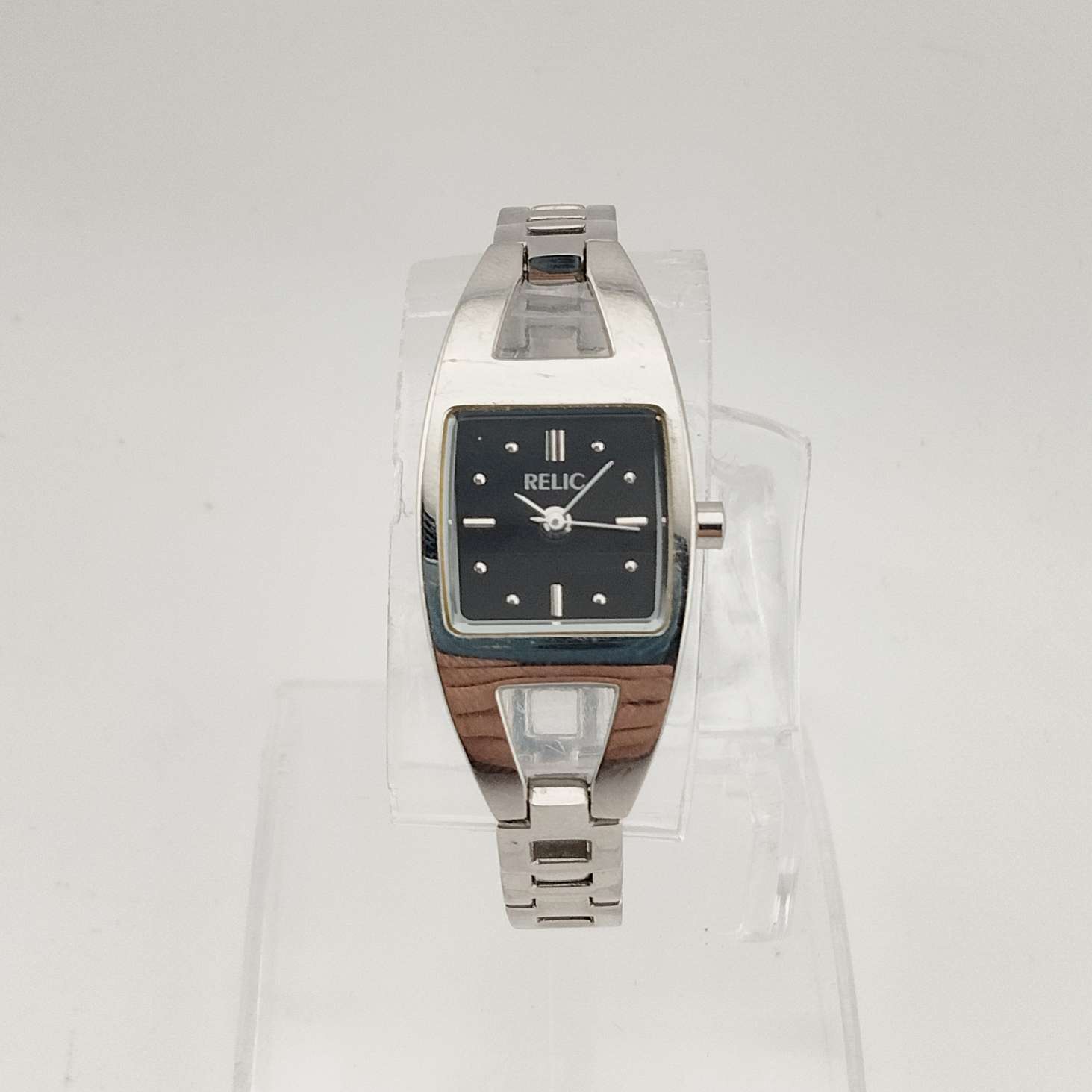 I Like Mikes Mid Century Modern Watches Relic Women's Silver Tone Watch, Black Square Dial, Link Strap