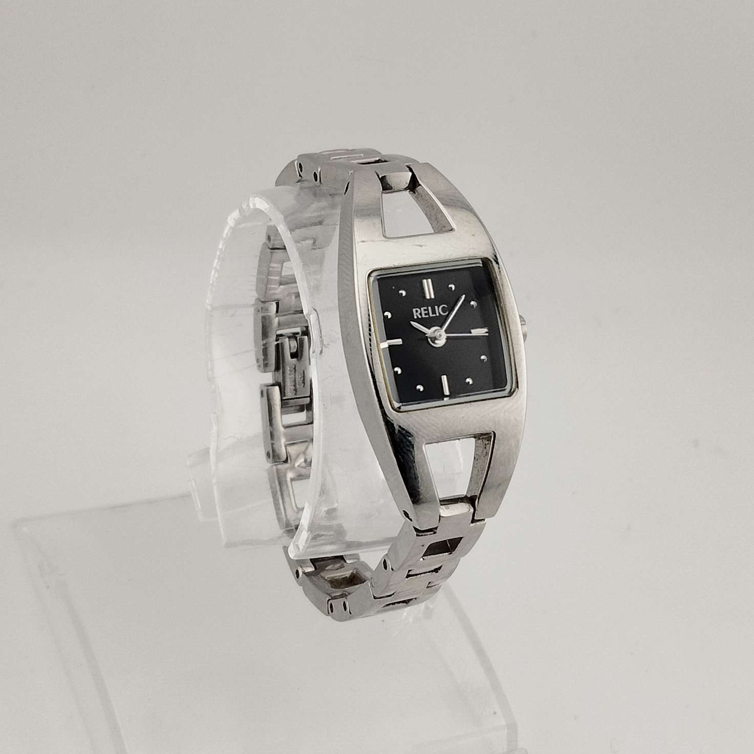 I Like Mikes Mid Century Modern Watches Relic Women's Silver Tone Watch, Black Square Dial, Link Strap