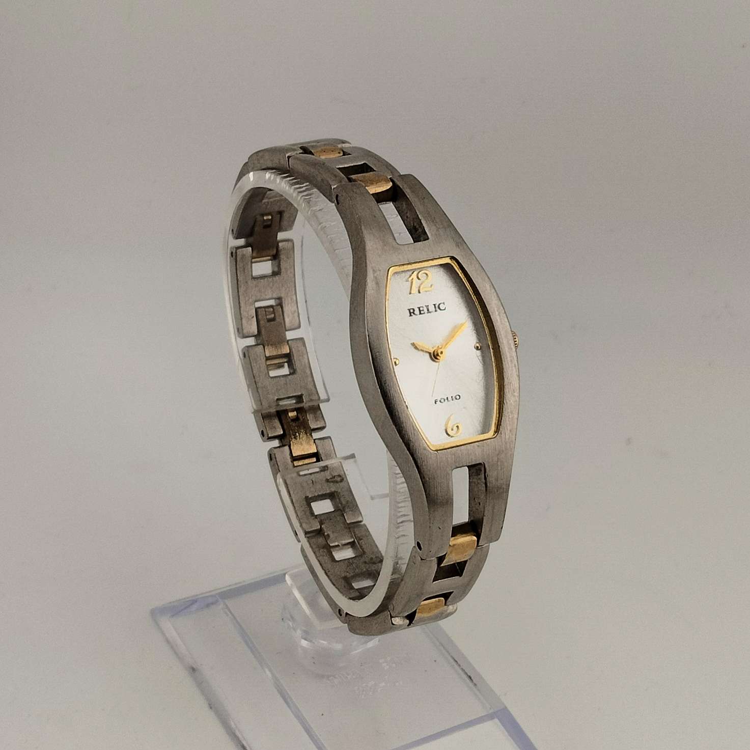 I Like Mikes Mid Century Modern Watches Relic Women's Silver Tone Watch, Gold Tone Accents, Oval Dial, Link Strap