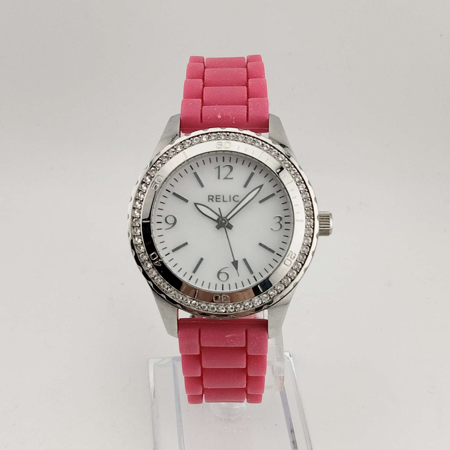I Like Mikes Mid Century Modern Watches Relic Women's Silver Tone Watch, Round Dial, Jewel Details, Pink Rubber Adjustable Strap