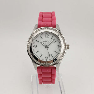 I Like Mikes Mid Century Modern Watches Relic Women's Silver Tone Watch, Round Dial, Jewel Details, Pink Rubber Adjustable Strap