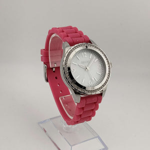 I Like Mikes Mid Century Modern Watches Relic Women's Silver Tone Watch, Round Dial, Jewel Details, Pink Rubber Adjustable Strap