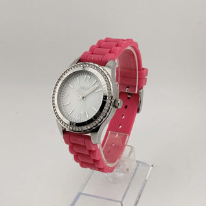 I Like Mikes Mid Century Modern Watches Relic Women's Silver Tone Watch, Round Dial, Jewel Details, Pink Rubber Adjustable Strap