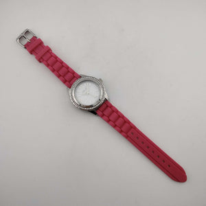 I Like Mikes Mid Century Modern Watches Relic Women's Silver Tone Watch, Round Dial, Jewel Details, Pink Rubber Adjustable Strap