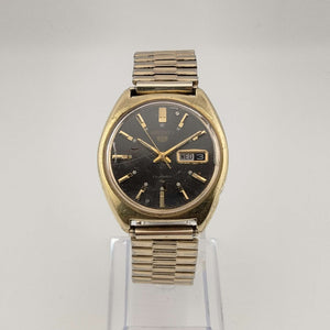 I Like Mikes Mid Century Modern Watches Seiko 5 Men's Gold Tone Watch, Round, Automatic, Black Face, Number Markers, Date, Bracelet Strap