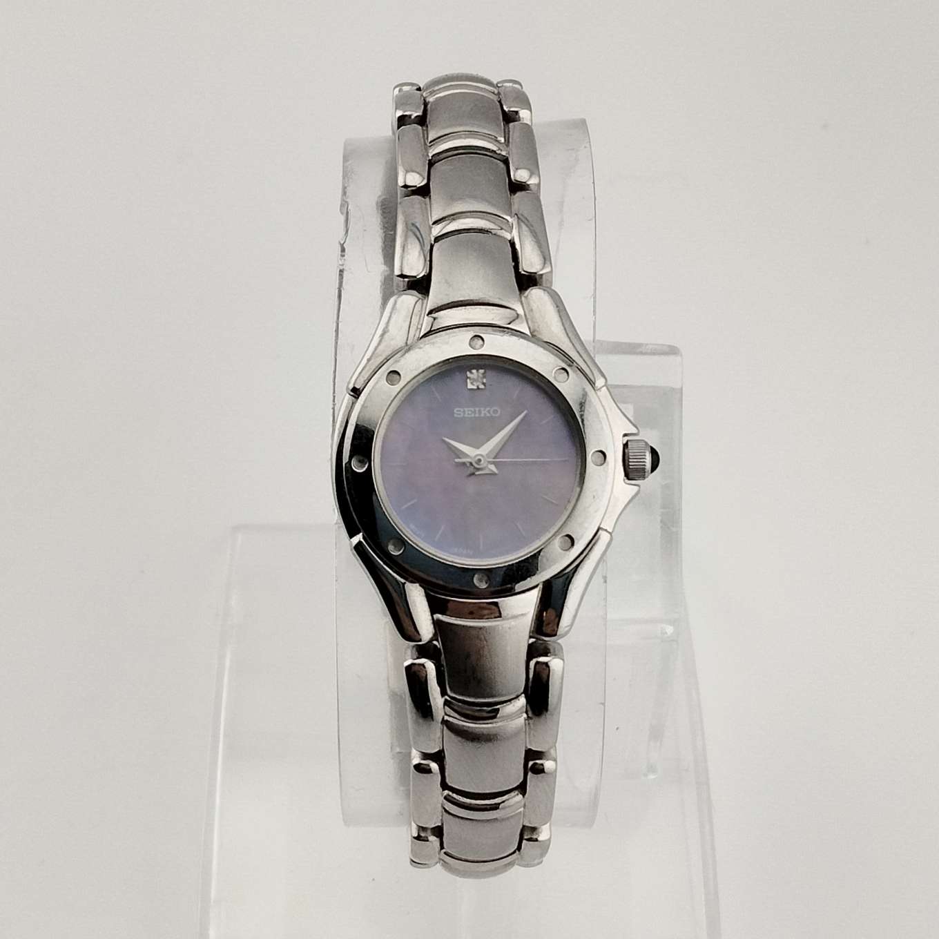 I Like Mikes Mid Century Modern Watches Seiko Automatic Petite Silver Tone Watch, Purple Mother of Pearl Dial, Bracelet Strap