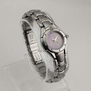 I Like Mikes Mid Century Modern Watches Seiko Automatic Petite Silver Tone Watch, Purple Mother of Pearl Dial, Bracelet Strap