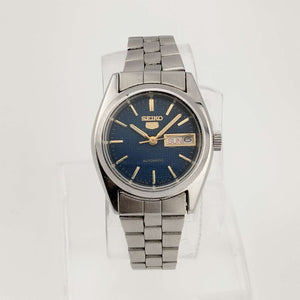 I Like Mikes Mid Century Modern Watches Seiko Automatic, Silver Tone Series 5 Watch, Date and Day, Navy Dial, Bracelet Strap