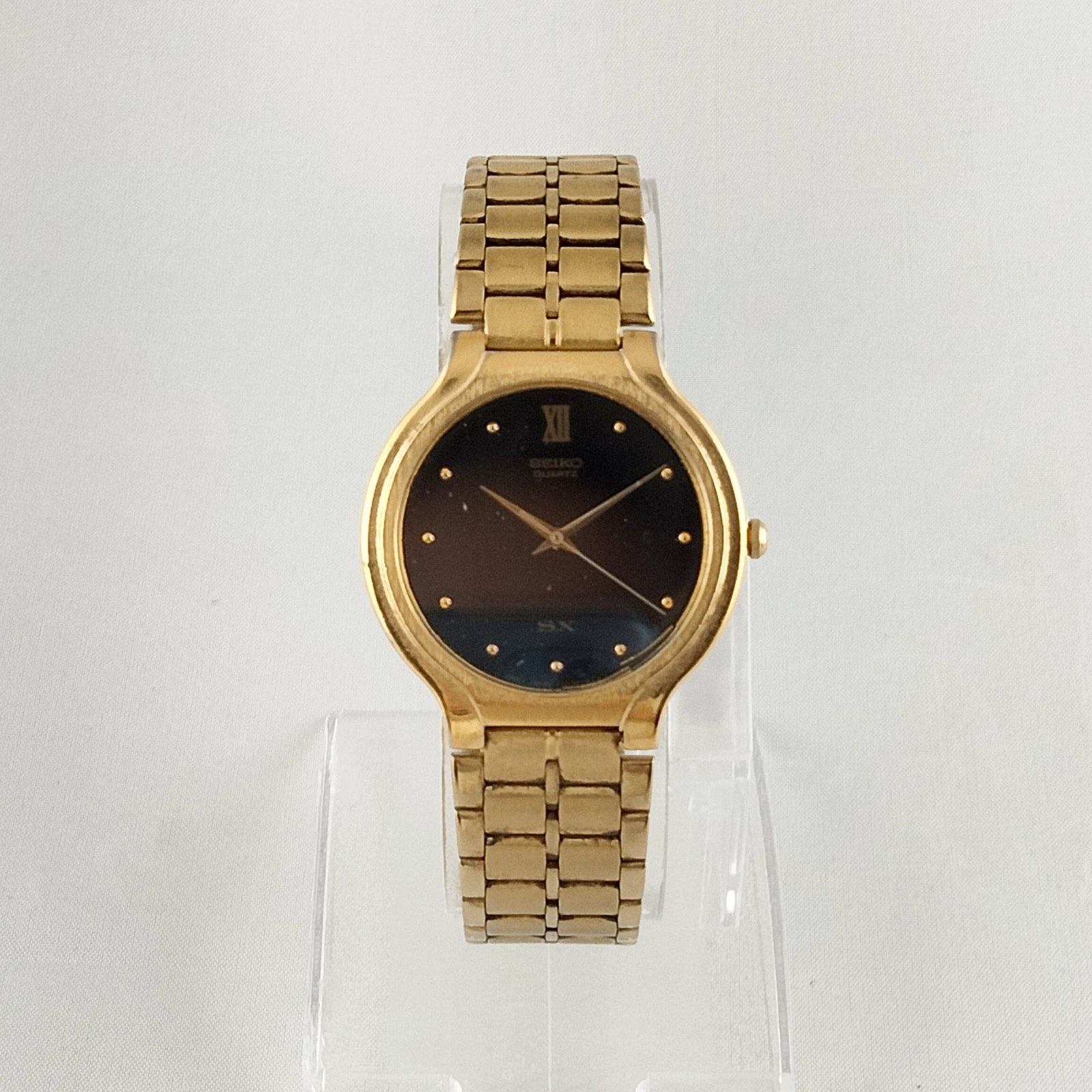 I Like Mikes Mid Century Modern Watches Seiko Gold Tone Men's Watch, Black Dial, Bracelet Strap