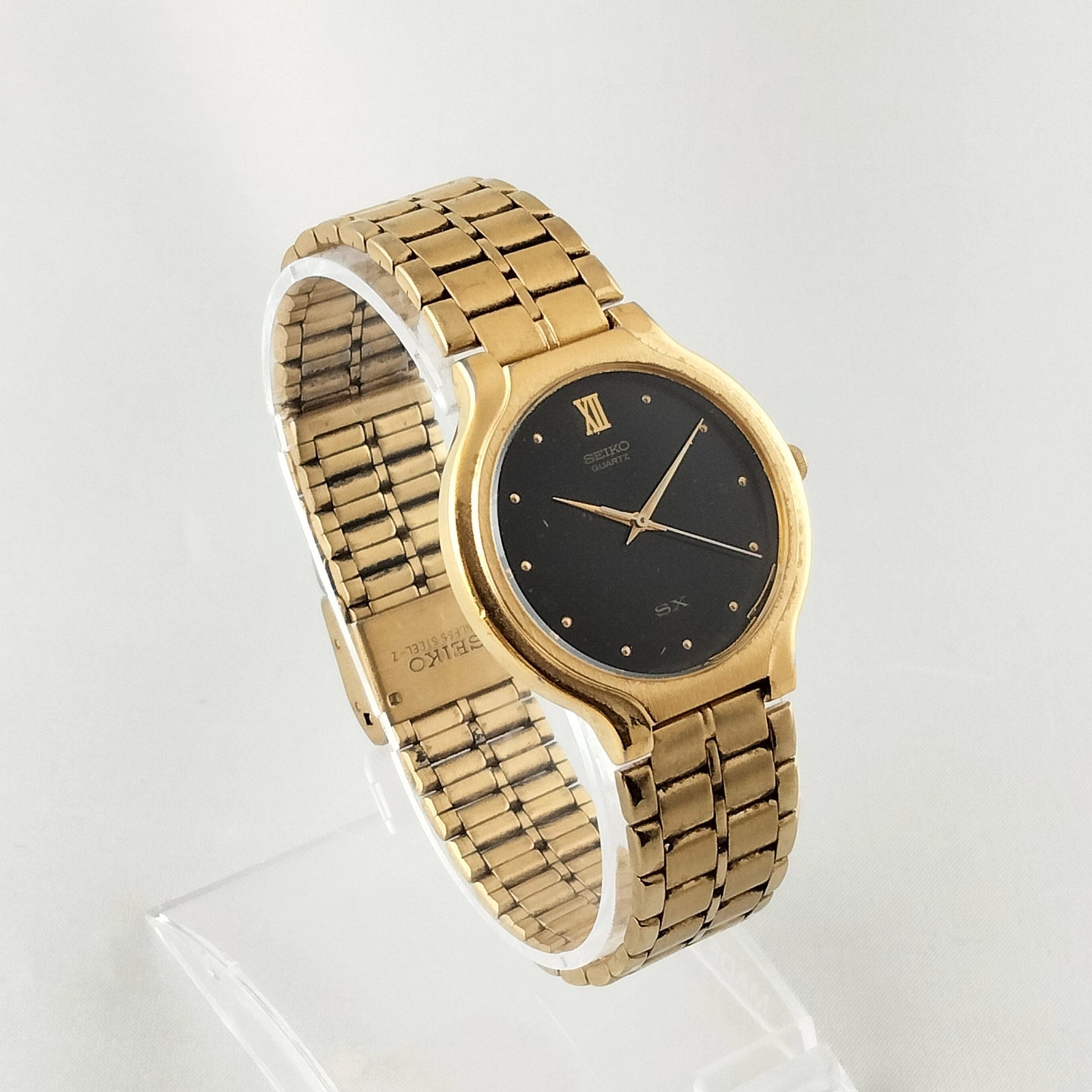 I Like Mikes Mid Century Modern Watches Seiko Gold Tone Men's Watch, Black Dial, Bracelet Strap