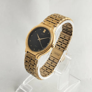 I Like Mikes Mid Century Modern Watches Seiko Gold Tone Men's Watch, Black Dial, Bracelet Strap