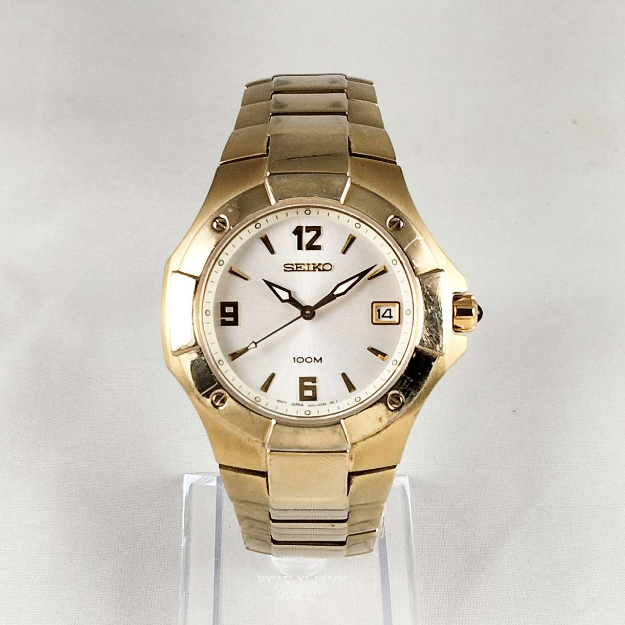 I Like Mikes Mid Century Modern Watches Seiko Gold Tone Watch, White Dial, Bracelet Strap