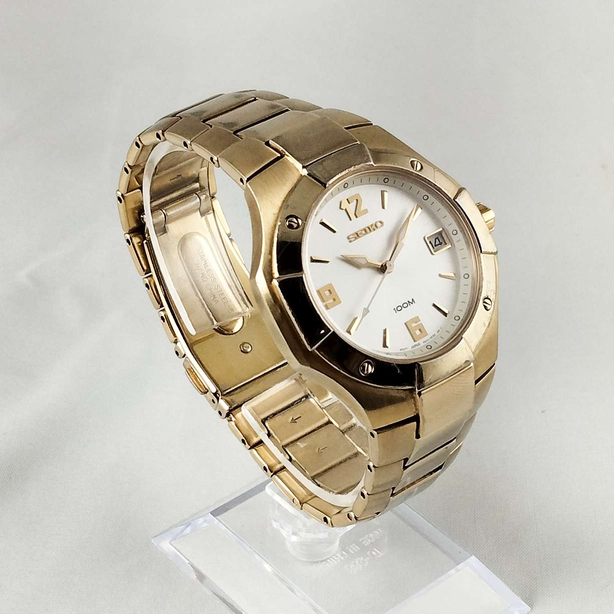I Like Mikes Mid Century Modern Watches Seiko Gold Tone Watch, White Dial, Bracelet Strap
