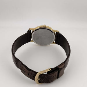 I Like Mikes Mid Century Modern Watches Seiko Men's Gold Tone Quartz Watch, Circular Dial, Brown Leather Band