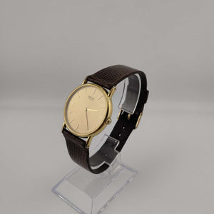 I Like Mikes Mid Century Modern Watches Seiko Men's Gold Tone Quartz Watch, Circular Dial, Brown Leather Band