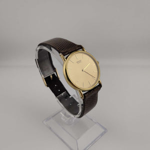 I Like Mikes Mid Century Modern Watches Seiko Men's Gold Tone Quartz Watch, Circular Dial, Brown Leather Band