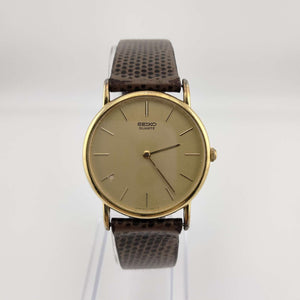 I Like Mikes Mid Century Modern Watches Seiko Men's Gold Tone Quartz Watch, Circular Dial, Brown Leather Band