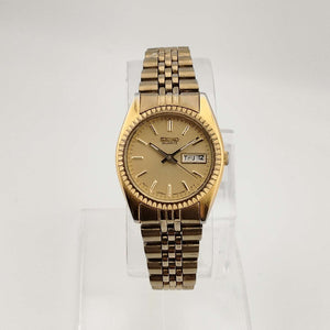 I Like Mikes Mid Century Modern Watches Seiko Men's Gold Tone Quartz Watch, Circular Dial, Date and Day Window, Bracelet Strap