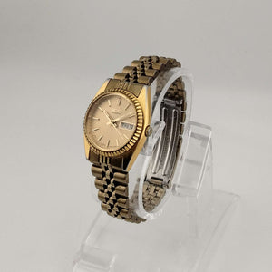 I Like Mikes Mid Century Modern Watches Seiko Men's Gold Tone Quartz Watch, Circular Dial, Date and Day Window, Bracelet Strap
