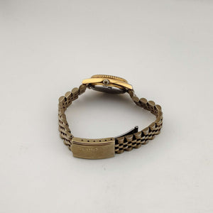 I Like Mikes Mid Century Modern Watches Seiko Men's Gold Tone Quartz Watch, Circular Dial, Date and Day Window, Bracelet Strap