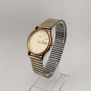 I Like Mikes Mid Century Modern Watches Seiko Men's Gold Tone Quartz Watch, Round Dial, Date and Day Window, Stretch Strap