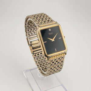 I Like Mikes Mid Century Modern Watches Seiko Men's Gold Tone Watch, Rectangular Black Dial, Jewel Detail, Bracelet Strap