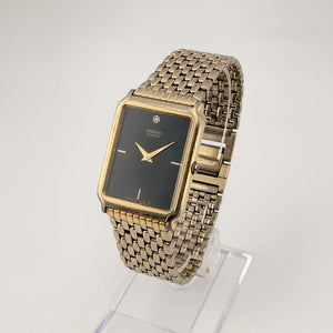 I Like Mikes Mid Century Modern Watches Seiko Men's Gold Tone Watch, Rectangular Black Dial, Jewel Detail, Bracelet Strap