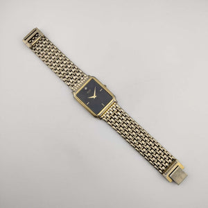 I Like Mikes Mid Century Modern Watches Seiko Men's Gold Tone Watch, Rectangular Black Dial, Jewel Detail, Bracelet Strap