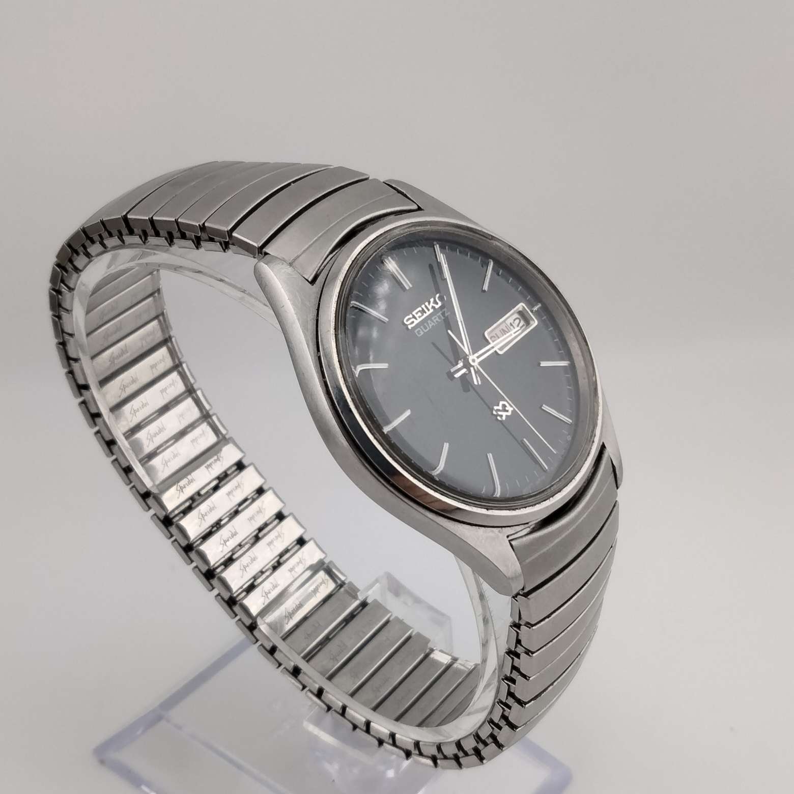 I Like Mikes Mid Century Modern Watches Seiko Men's Silver Tone Watch, Black Dial, Date Window, Stretch Strap