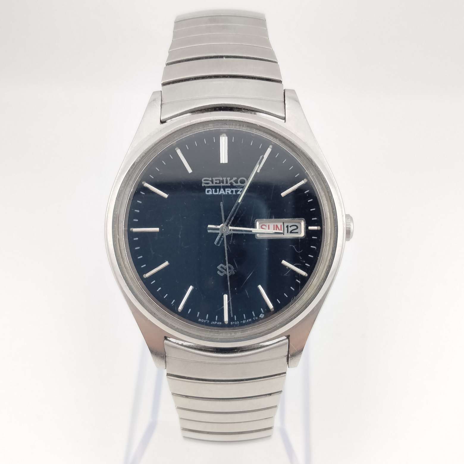 I Like Mikes Mid Century Modern Watches Seiko Men's Silver Tone Watch, Black Dial, Date Window, Stretch Strap