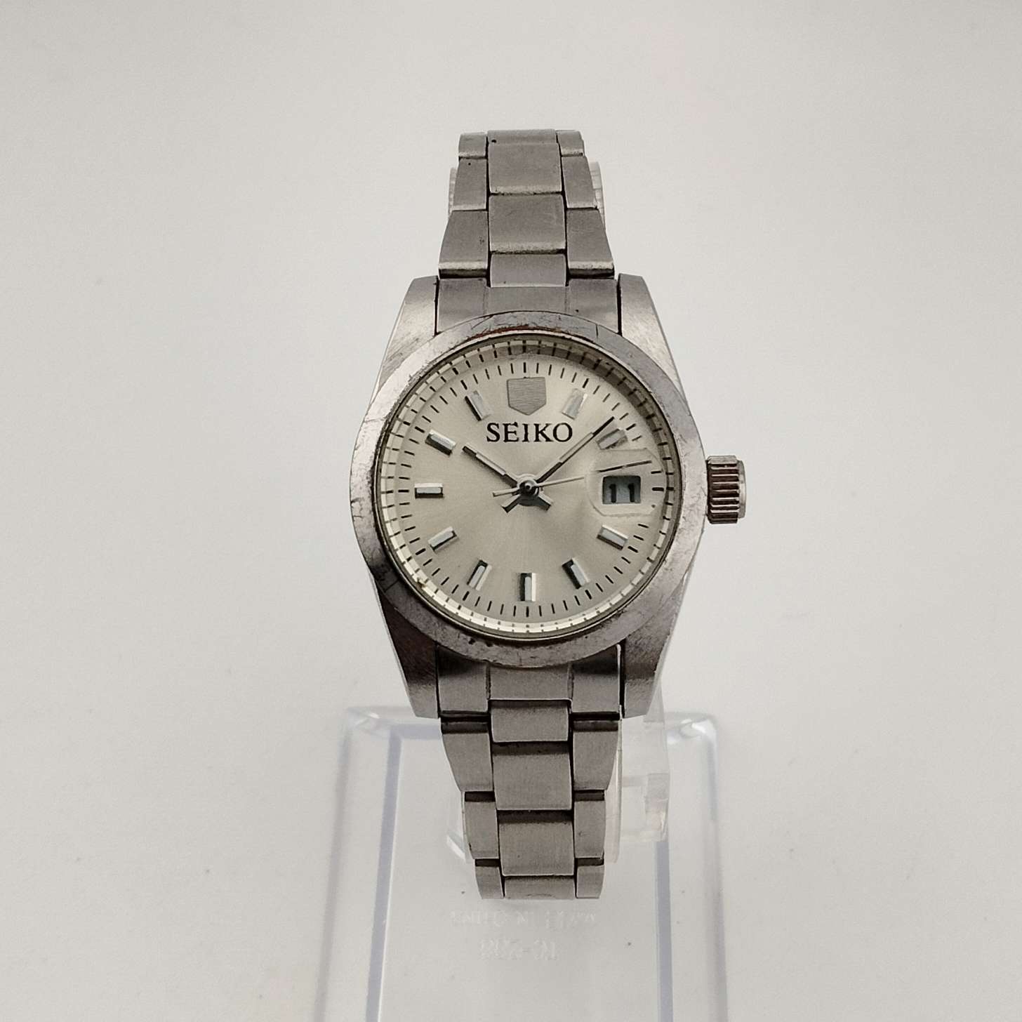 I Like Mikes Mid Century Modern Watches Seiko Men's Silver Tone Watch, Circular Dial, Date Window with Magnifying Detail, Bracelet Strap
