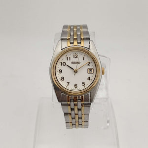 I Like Mikes Mid Century Modern Watches Seiko Men's Silver Tone Watch, Gold Tone Accents, Round White Dial, Date Window, Bracelet Strap
