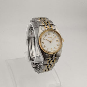 I Like Mikes Mid Century Modern Watches Seiko Men's Silver Tone Watch, Gold Tone Accents, Round White Dial, Date Window, Bracelet Strap