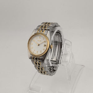 I Like Mikes Mid Century Modern Watches Seiko Men's Silver Tone Watch, Gold Tone Accents, Round White Dial, Date Window, Bracelet Strap