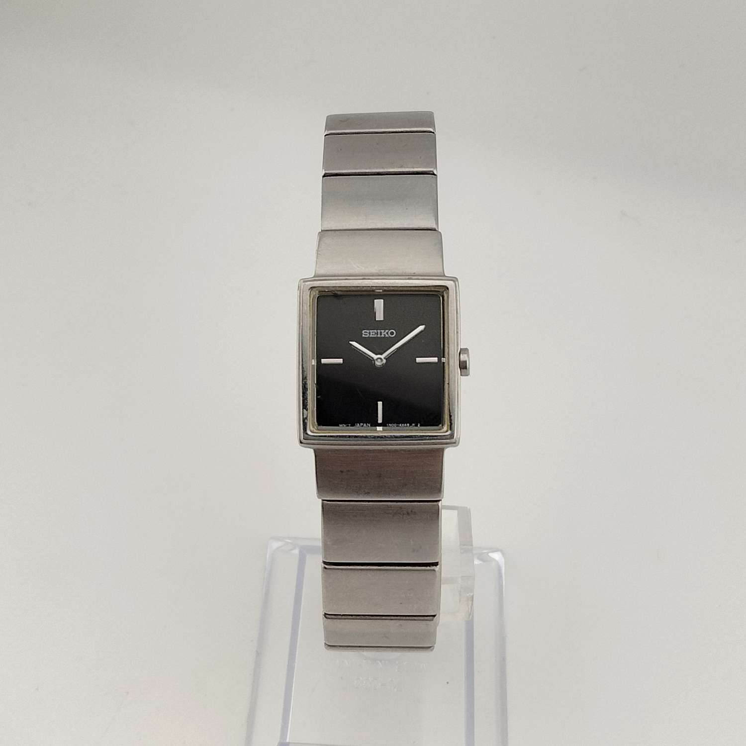 I Like Mikes Mid Century Modern Watches Seiko Men's Silver Tone Watch, Square Black Dial, Bracelet Strap