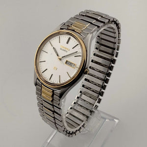 I Like Mikes Mid Century Modern Watches Seiko Men's SQ Silver Tone Watch, Date and Day, Flex Bracelet Strap