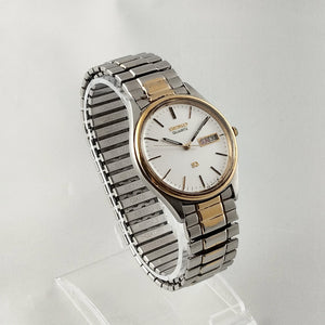 I Like Mikes Mid Century Modern Watches Seiko Men's Watch, Gold Tone Details. White Dial, Date Window, Stretch Strap