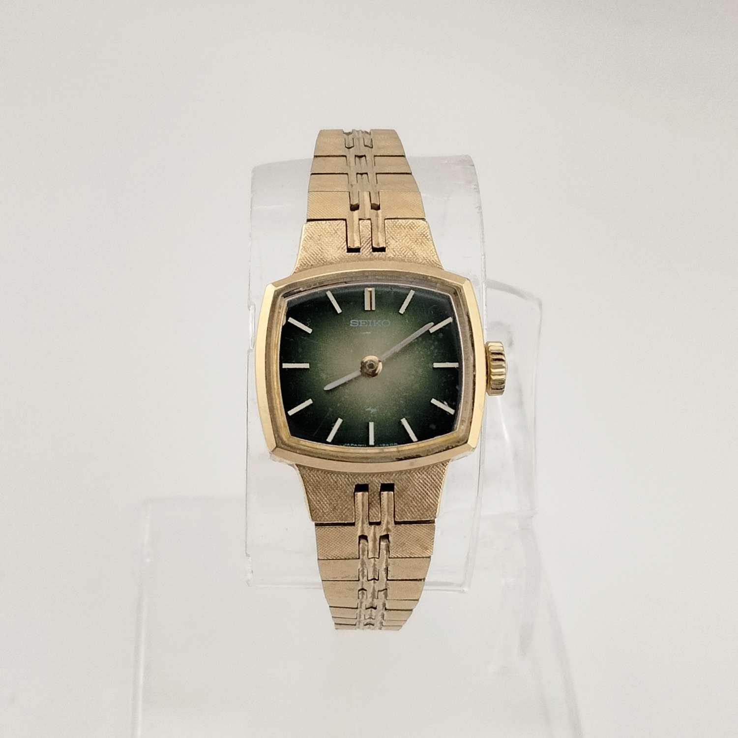 I Like Mikes Mid Century Modern Watches Seiko Petite Gold Tone Watch, Emerald Tone Rectangle Dial, Bracelet Strap