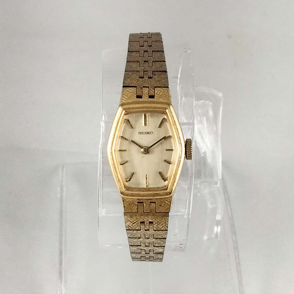 I Like Mikes Mid Century Modern Watches Seiko Petite Gold Tone Watch, Hexagonal Dial, Bracelet Strap