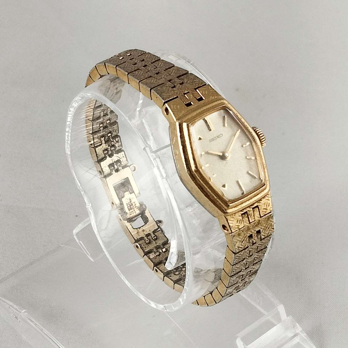 I Like Mikes Mid Century Modern Watches Seiko Petite Gold Tone Watch, Hexagonal Dial, Bracelet Strap