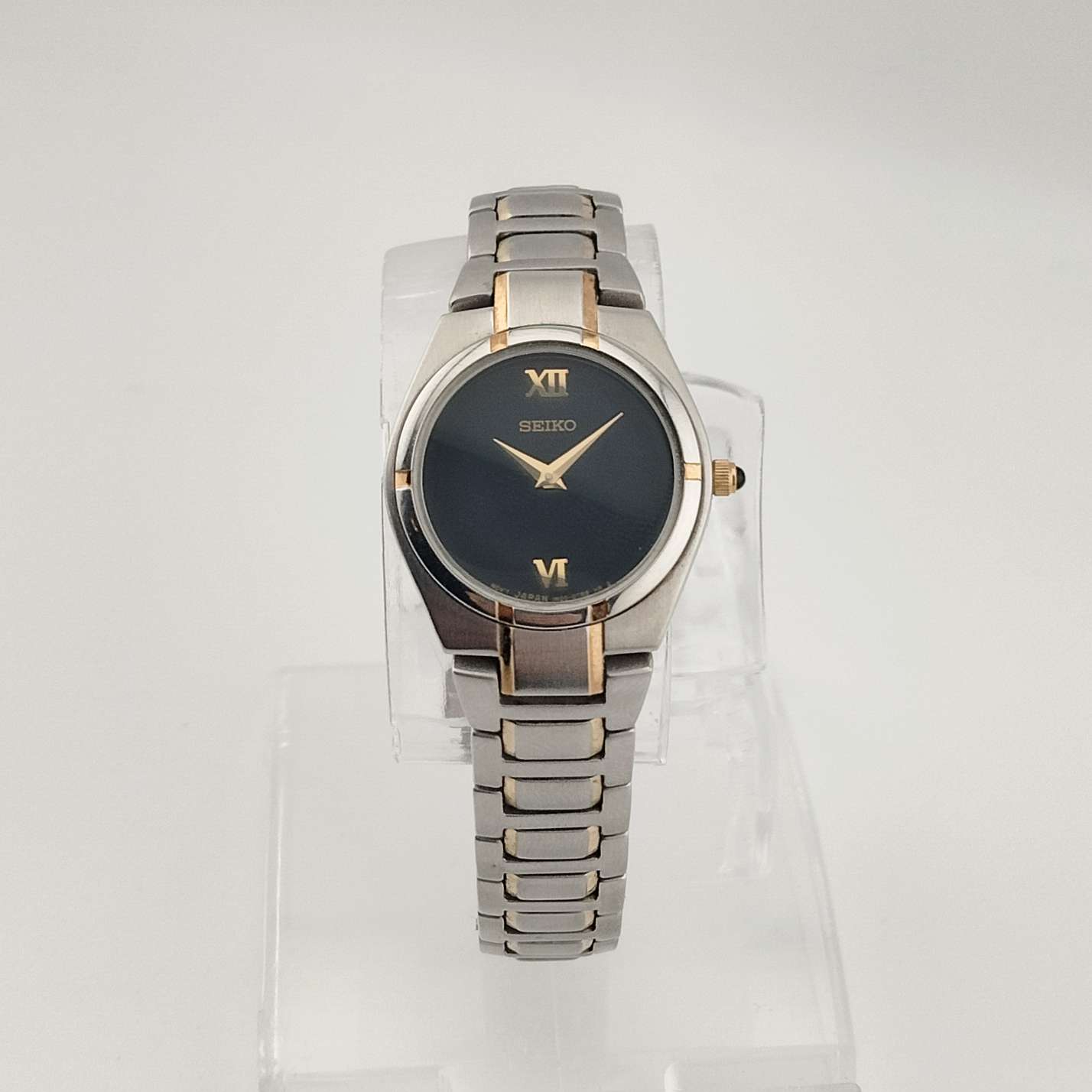 I Like Mikes Mid Century Modern Watches Seiko Petite Silver Tone Watch, Gold Tone Details, Black Dial, Bracelet Strap