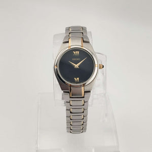 I Like Mikes Mid Century Modern Watches Seiko Petite Silver Tone Watch, Gold Tone Details, Black Dial, Bracelet Strap