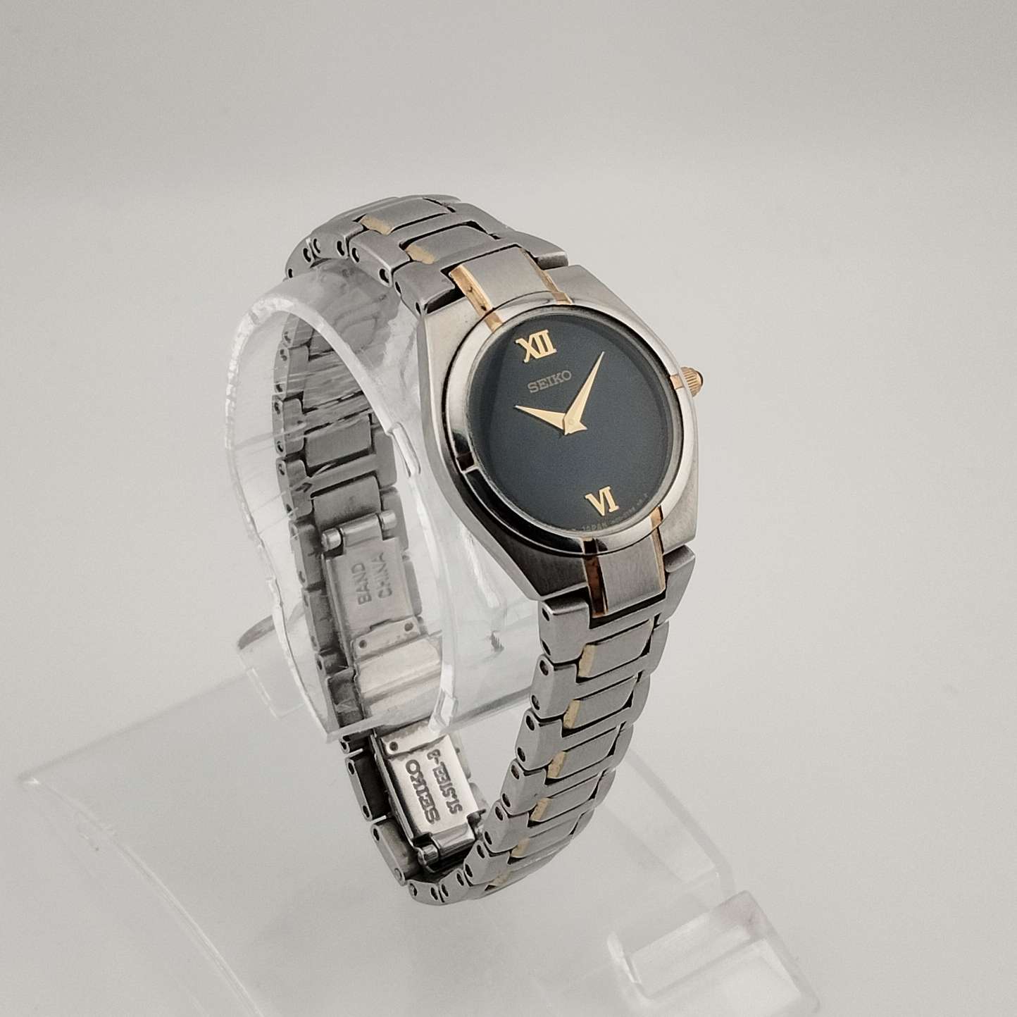 I Like Mikes Mid Century Modern Watches Seiko Petite Silver Tone Watch, Gold Tone Details, Black Dial, Bracelet Strap