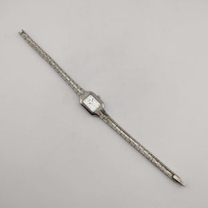 I Like Mikes Mid Century Modern Watches Seiko Petite Silver Tone Watch, Rectangular Dial, Jewel Detail, Bracelet Strap