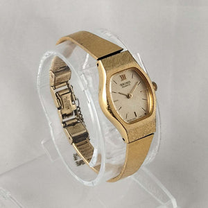 I Like Mikes Mid Century Modern Watches Seiko Petite Watch, Gold Tone Details, Lightly Textured Dial, Link Strap